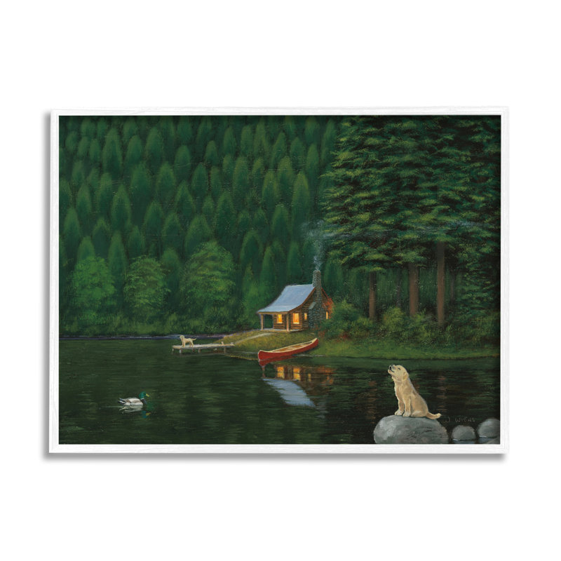 Log Cabin Lakehouse Scene Pet Dogs Tree Forest Grey Farmhouse, H 24 po x l 30 po x P 1,5 po