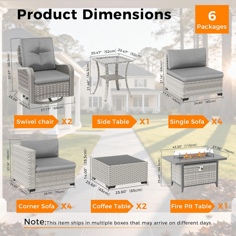 10 - Person Outdoor Wicker Patio Conversation Furniture Set with Fire Pit Table, Gray