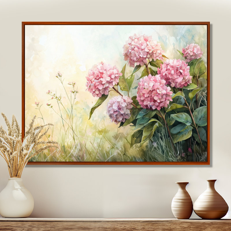 Hortensias dans un pré d'été II - hydrangées, art mural, Brun, Impression encadrée flottante, H 24 po x l 32 po