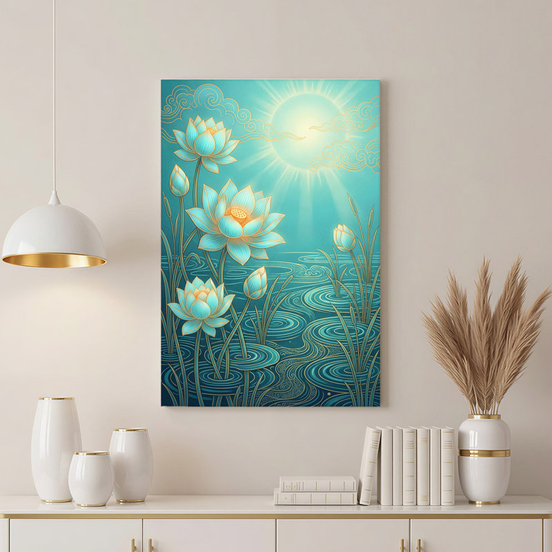 «Blue Lotus Flowers in Turquoise Water with Gold Outline», art mural sur toile, 36"H x 24"W