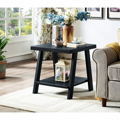 Table de bout noire avec aspect contemporain - Plateau de rangement en placage de bois dur