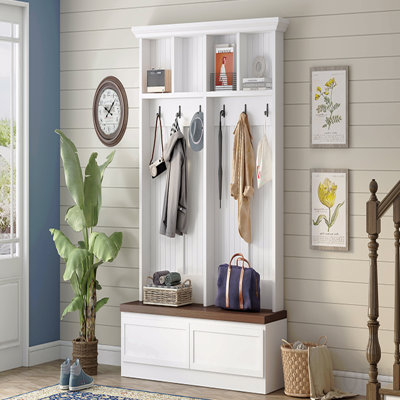 4-In-1 Hall Tree With Wood Grain Bench, Mudroom Versatile Coat Rack With 2 Large Drawer, Entrance Organizer For Hallway, Living Room, White, 55.9"W