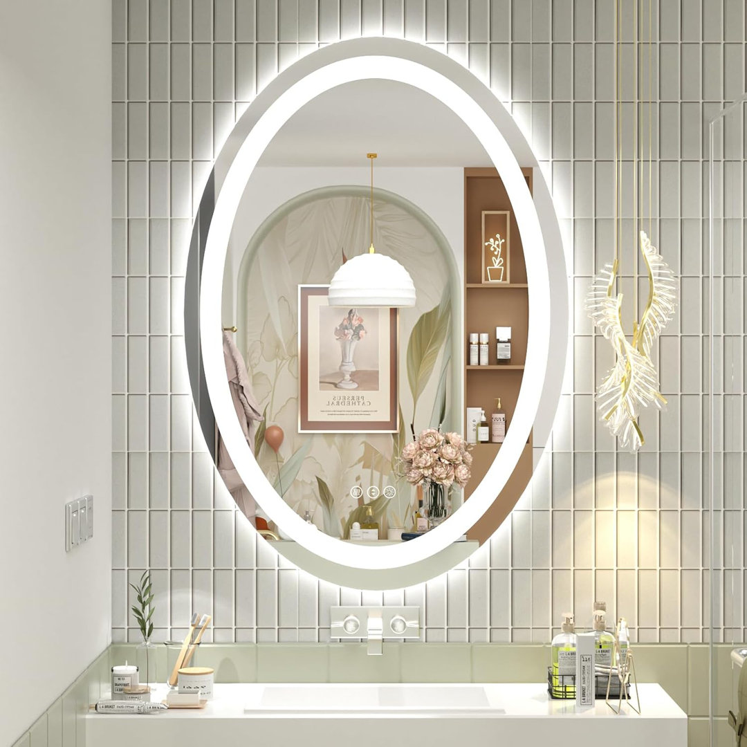 Molly Frameless Front Light and Backlit 3 Colors Dimmable Anti-Fog Oval Wall Bathroom Vanity Mirror Ivy Bronx 