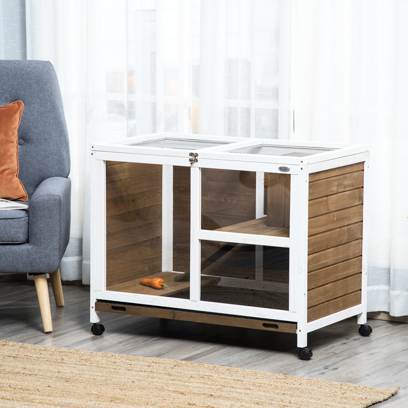 Cage en bois pour lapin avec roulettes, bureau et table d'appoint