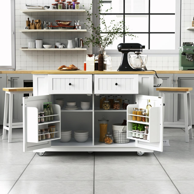 Door Internal Storage Rack Kitchen Island With Wheels And Power Outlet, White