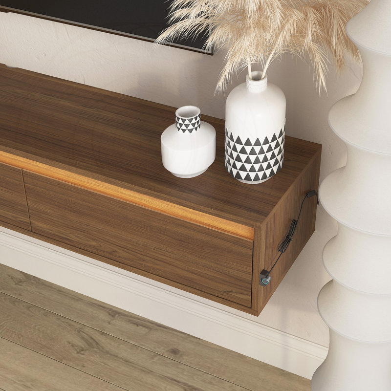 Meuble télé flottant avec lumières DEL tactiles et prise de courant, H 9,05 po x l 64,96 po x P 11,81 po, Marron foncé