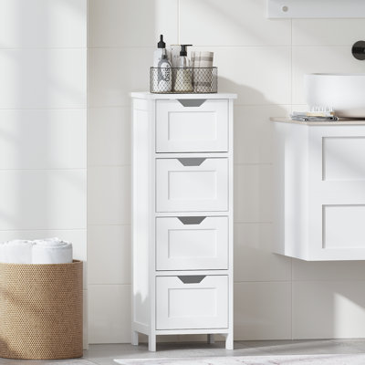 Armoire de salle de bain avec 4 tiroirs, organisateur de rangement autoportant en bois pour la salle de bain, le couloir ou le salon, armoire latérale étroite blanche avec un design vertical peu encombrant, blanc
