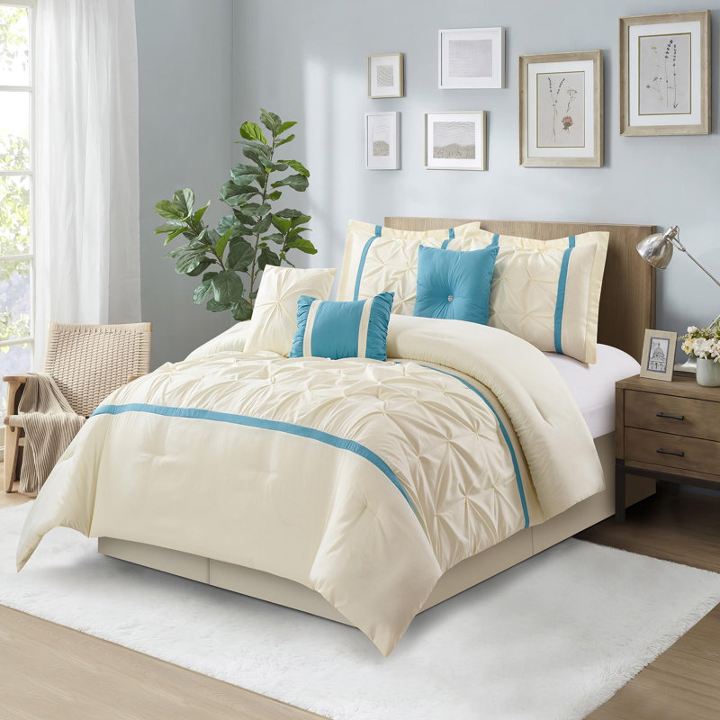 Elena Microfiber 7 Piece Comforter Set, King Comforter + 6 Additional Pieces, Beige/Blue