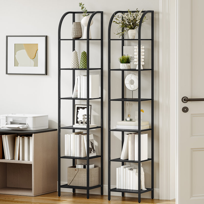 Bibliothèque étroite, support de rangement haut avec structure en acier, étagère de présentation, étagère à livres Skinny pour bureau d'étude, style industriel, noir à 6 niveaux
