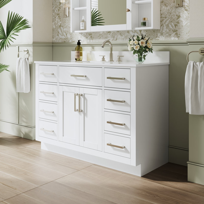 48" W x 35" H Freestanding Bathroom Solid Wood Vanity With White Cultured Marble Countertop And Ceramic Single Sink,White