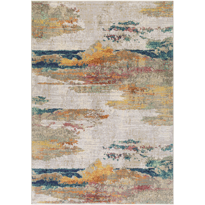 Diorio Saffron/Teal/Light Gray Area Rug, Rectangle 9' x 12'
