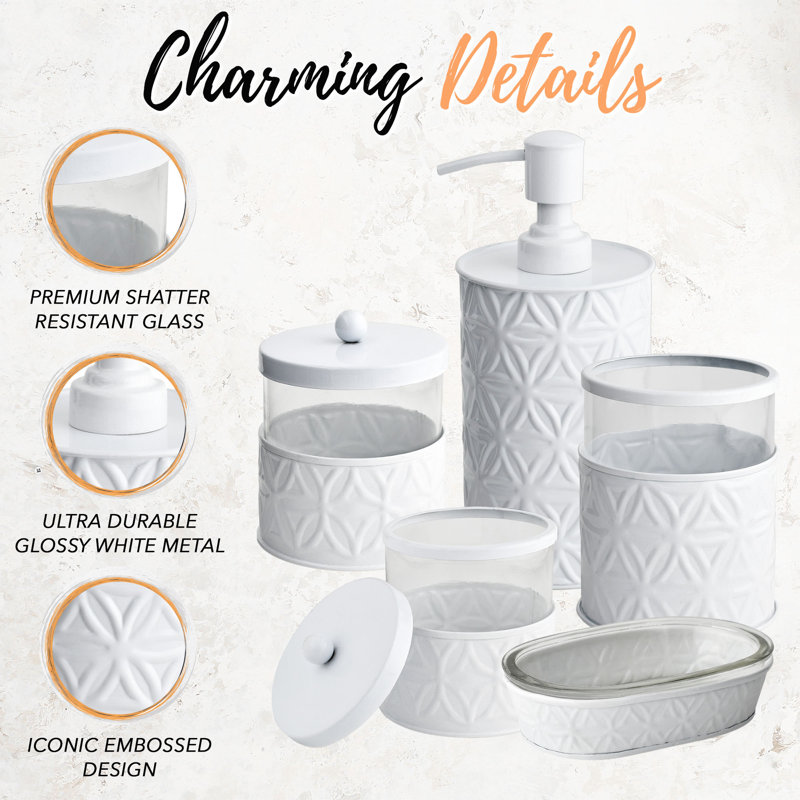 White Glossy Metal and Glass 5-Piece Bathroom Accessory Set
