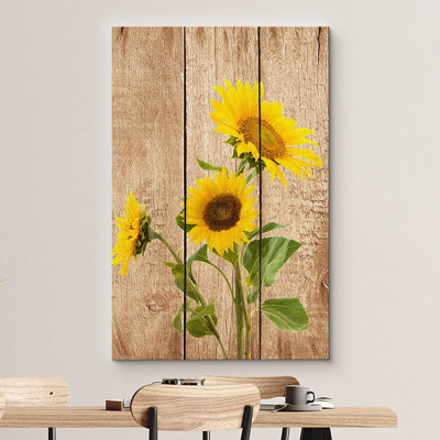 Hautes tournesols sur fond effet bois - impression sur toile tendue