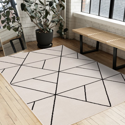 Kempst White Black Geometric Lines Area Rug