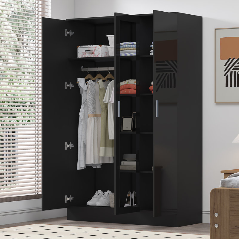 Eva High Gloss Mirrored 3 Door Wardrobe - H: 180cm x D: 47cm x W: 113cm, Black Oak/Gloss Black