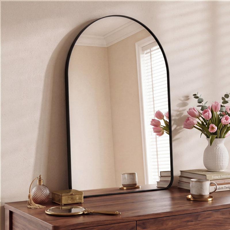 Contemporary Arched Wall Mounted Bathroom Vanity Mirror with Aluminum Alloy Frame, 36" x 24", Black