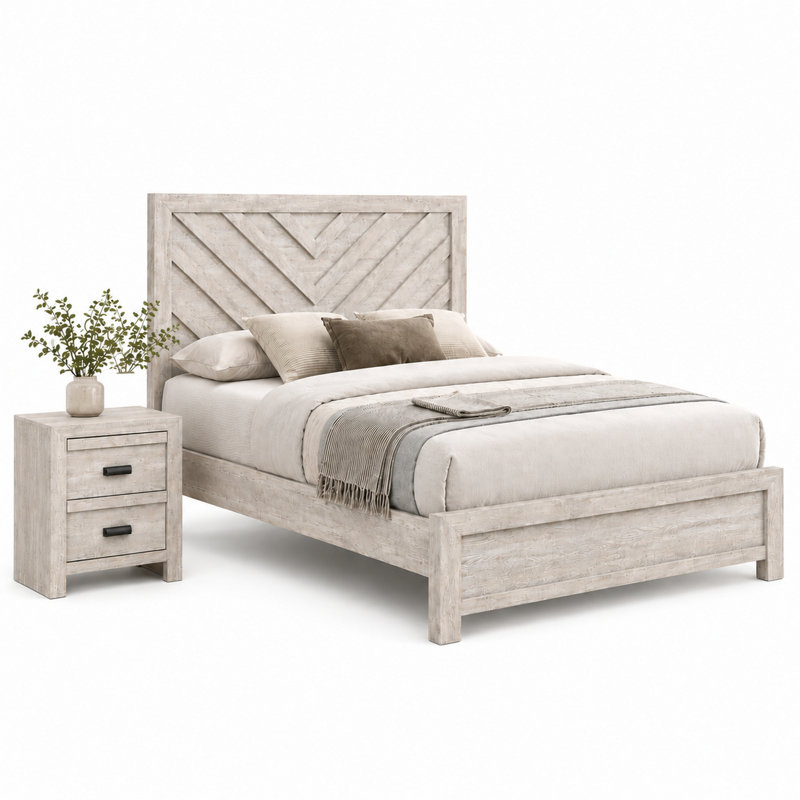 Ensemble de chambre à coucher grand lit, beige, bois noir, ensemble de 2 pièces avec table de chevet, Grand lit