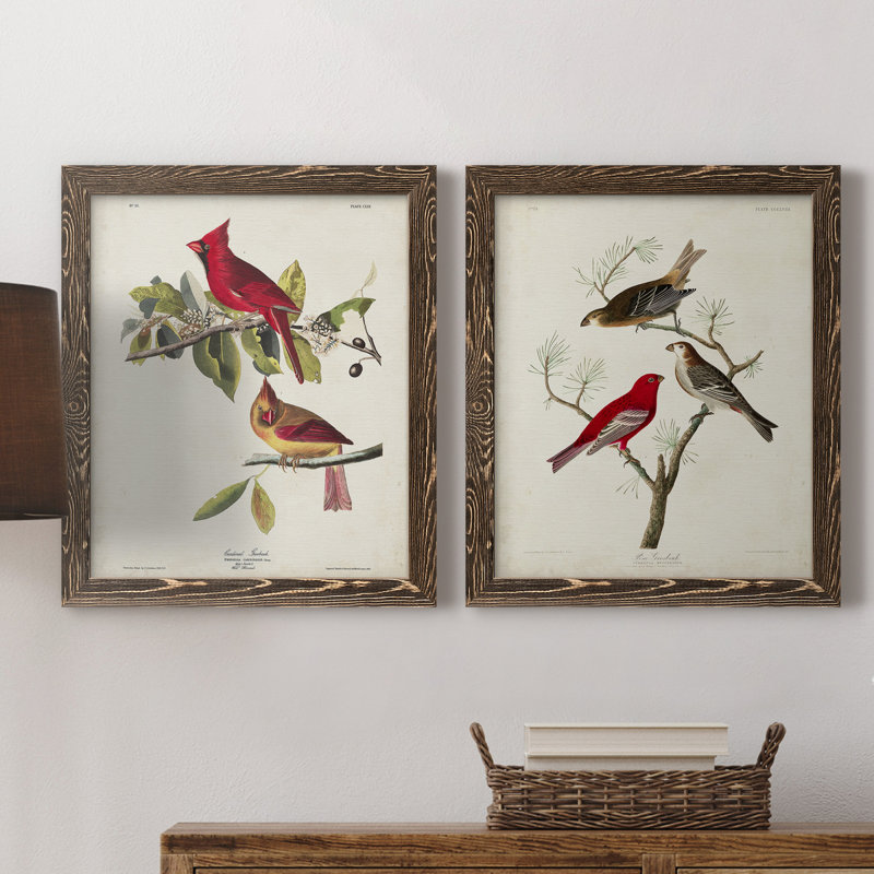 Pl 158 Cardinal Grosbeak - Ensemble de 2 reproductions d'art sur toile, H 20 po x l 17 po x P 1 po, Toile avec cadre en noyer