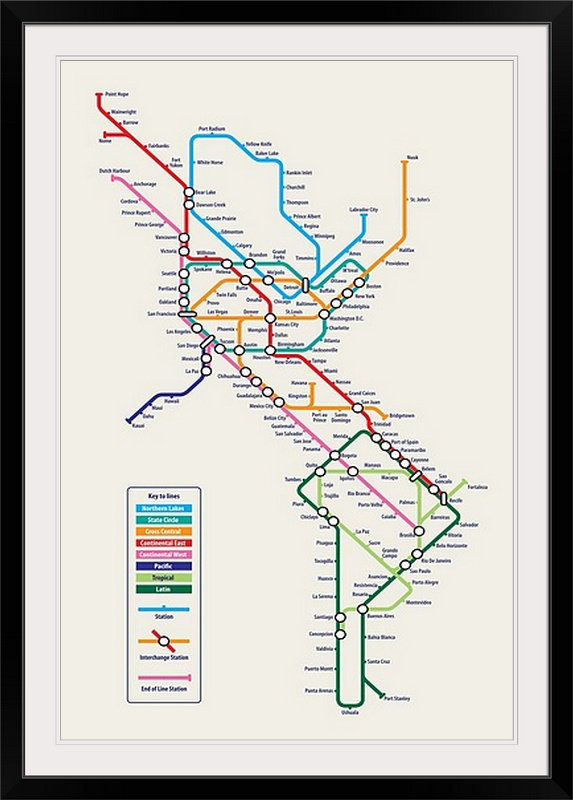 «America Metro Map» par Bellen, impression, H 26 po x l 20 po x P 1 po, Cadre noir