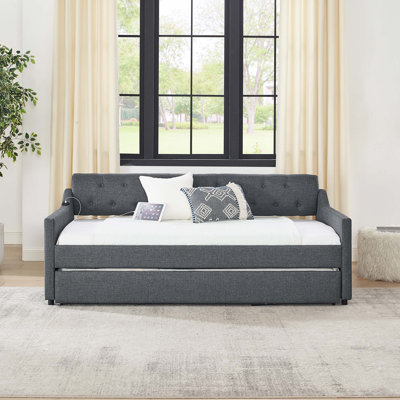 Twin Size Upholstery Daybed With Twin Size Erectable Trundle And USB Charging Design, Linen