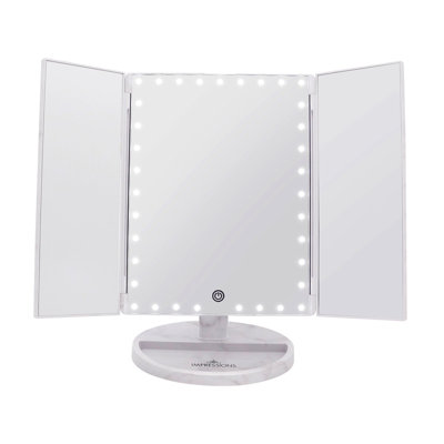 Touch Trifold XL Dimmable LED Makeup Mirror with Standing Base, Touch Sensitive Dimmer and Power Switch