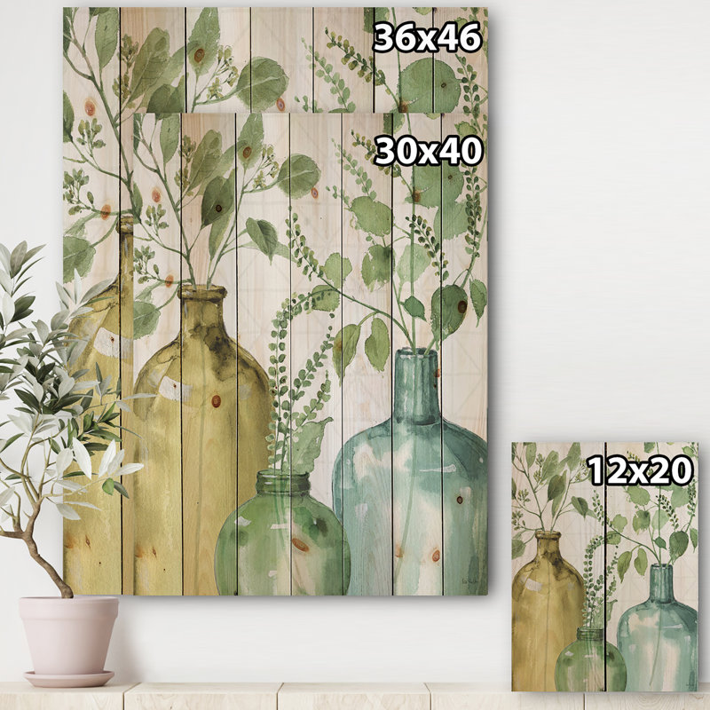 Mélange de feuilles vertes botaniques - reproduction sur bois, H 46 po x l 36 po x P 1,5 po