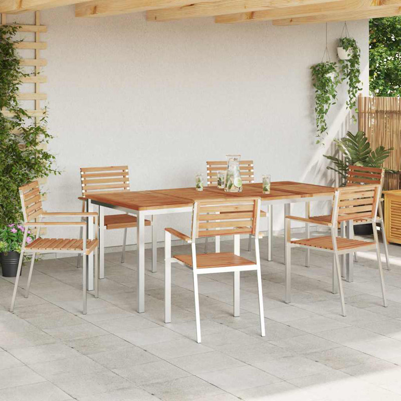 Wood Patio Dining Set with Rectangular Table, 75cm H x 200cm W x 90cm D, 6
