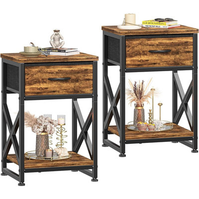 Ensemble de 2 tables d'appoint avec tiroirs en tissu, tables de bout brun rustique et tables de chevet pour le salon, la chambre à coucher, le canapé et les petits espaces