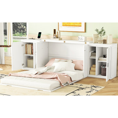 Lit blanc avec armoires, abris et tablettes - Idéal pour les salons contemporains