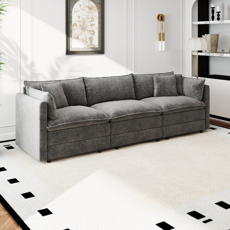 Canapé en chenille moderne, Gris, H 33,85 po x l 112,20 po x P 35,82 po, 3