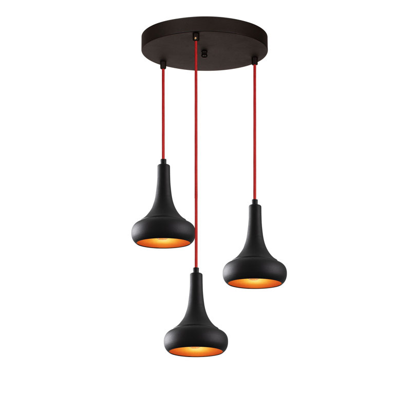 Luminaire suspendu conique à 3 lumières Excalibur, Noir et rouge