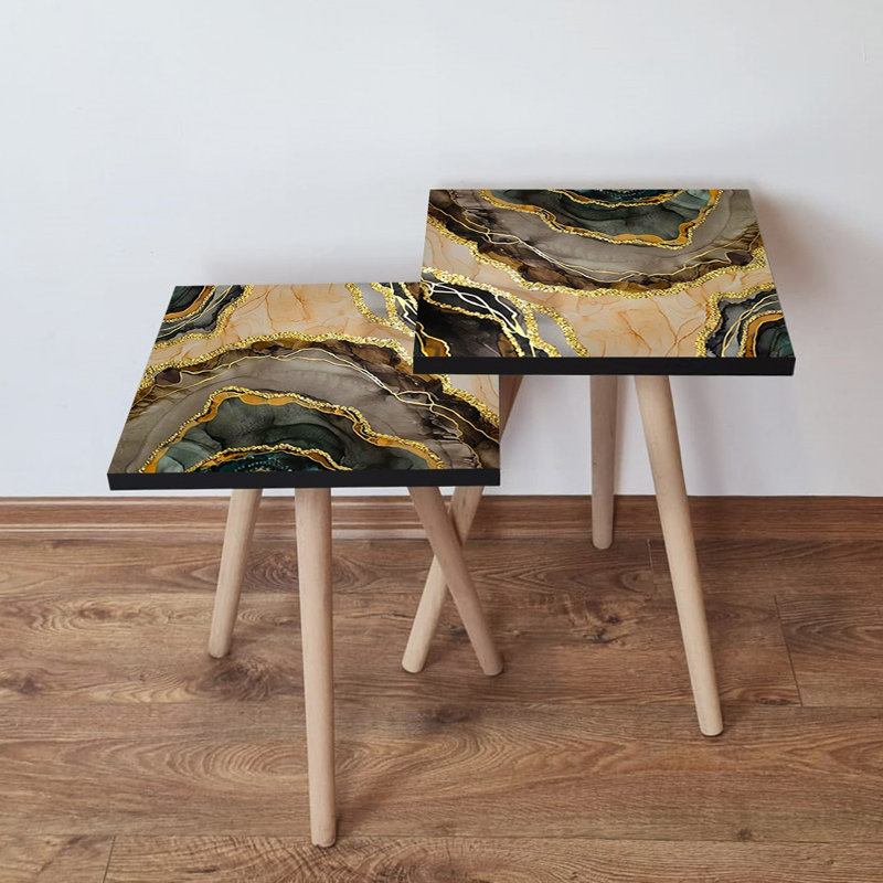 Ensemble de 2 tables gigognes élégantes en marbre, conception abstraite, 13,8 x 18,5 x 13,8 pouces et 13,8 x 16,5 x 13,8 pouces | 100% panneau de fibres à densité moyenne avec des pieds en bois de hêtre, robuste et élégant pour le salon, décoration intérieure moderne