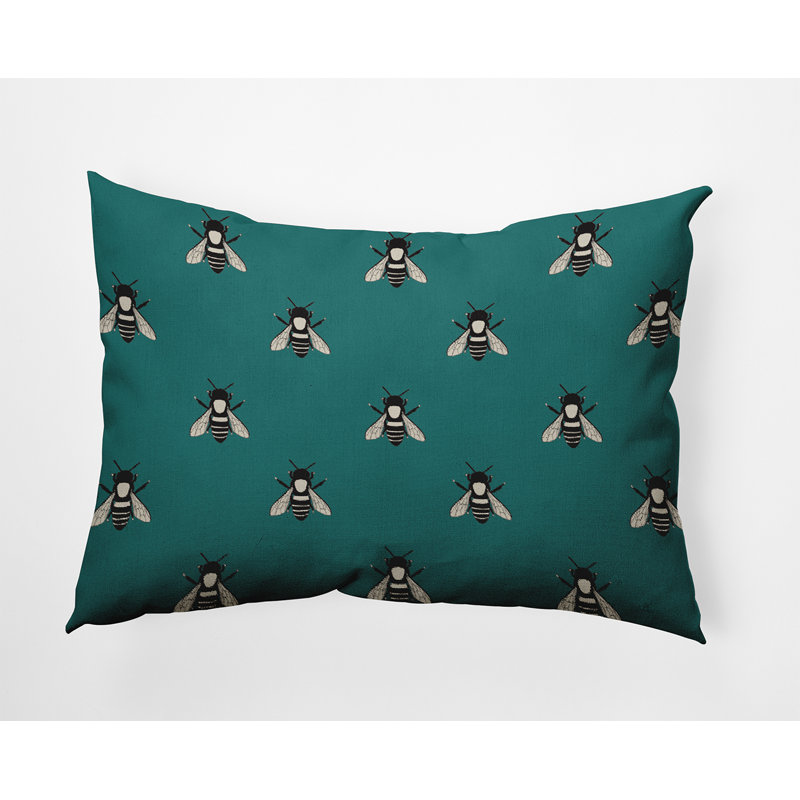 Coussin intérieur / extérieur Bee Buzz, H 14 po x l 20 po, Bleu sarcelle, Rectangle