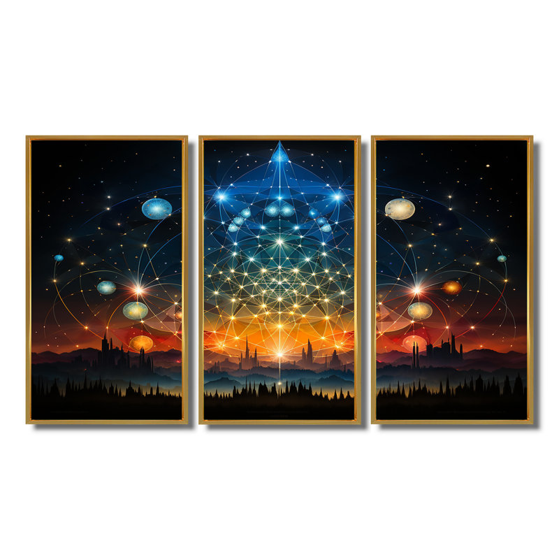 Heaven’S Sacred Bloom - Ensemble de salon mural art abstrait paysage, Cadre flottant doré, H 28 po x l 36 po x P 1 po
