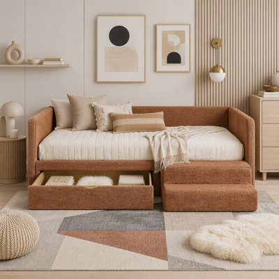 Lit simple pour enfant avec garde-corps, tiroir de rangement et marchepied