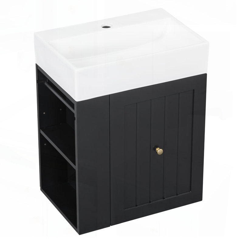 Meuble-lavabo mural moderne de 20 pouces avec lavabo en céramique, rangement en panneau de fibres à densité moyenne et poignée dorée pour petits espaces