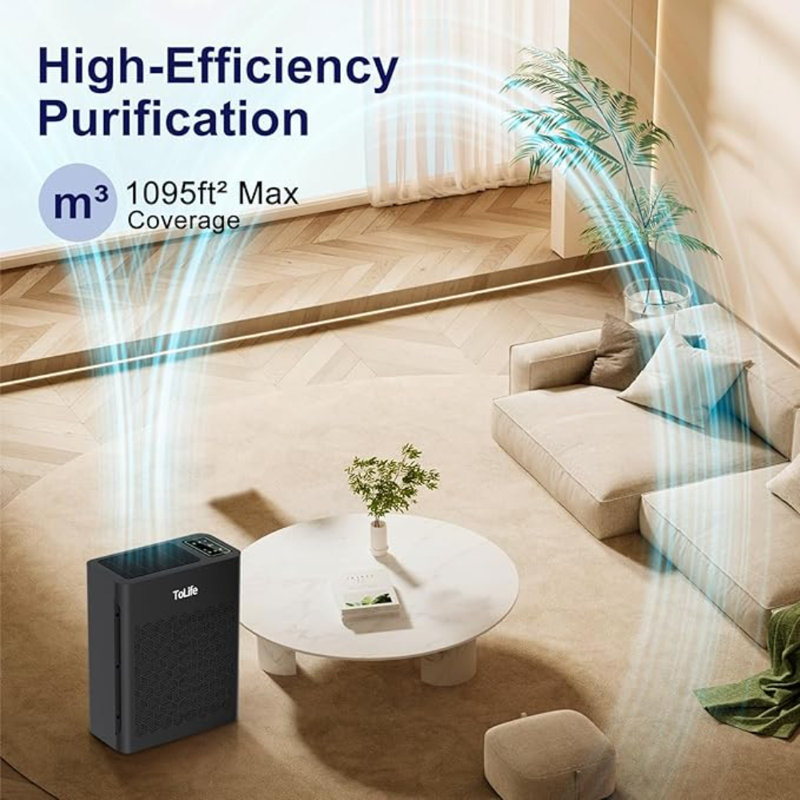 Purificateurs d'air Tolife pour la grande pièce de la maison jusqu'à 1095 pi² avec capteur de qualité de l'air à affichage PM 2,5, mode automatique, minuterie, purificateur d'air HEPA pour filtres de chambre à coucher Fumée, pollen, squames d'animaux, allergies, noir