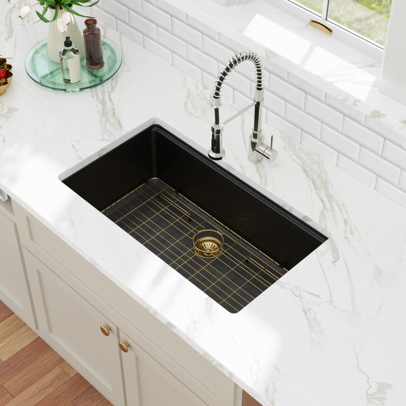 30'' L x 19'' W Quartz Undermount Workstation Kitchen Sink, Matte Black Single Bowl Kitchen Sink with Sink Grid, Strainer, Colander, Cutting Board and Roll-up Rack