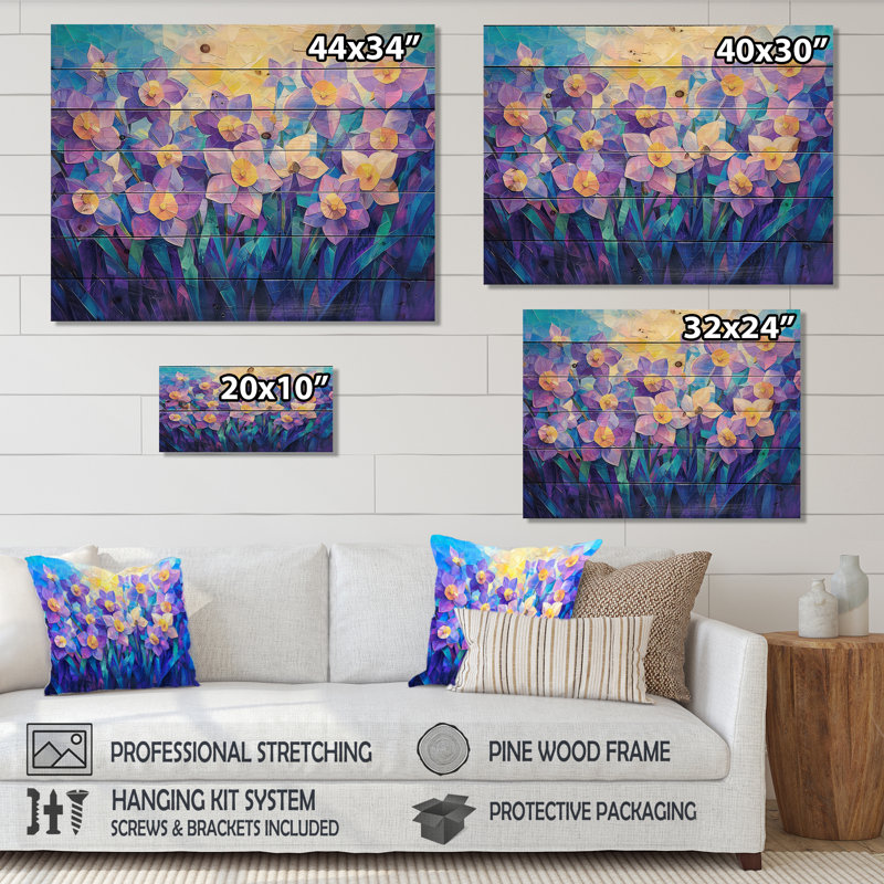 Lavande harmonie de jonquilles en été II - Décoration murale traditionnelle en bois sur bois de pin naturel
