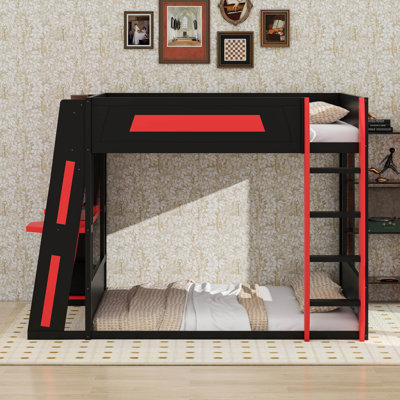 Lit superposé Gaming avec bureau et lumière DEL, structure de lit mezzanine en bois avec deux tablettes de rangement et port USB