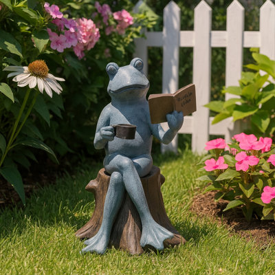 Statuette décorative de grenouille en forme de grenouille pendant la pause-café - Décoration de jardin pour les amateurs de livres - Sculpture décorative extérieure - 33 cm, vert et bronze