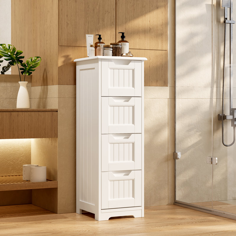 Armoire de salle de bain autoportante - 4 tiroirs, armoire à linge brune, Blanc