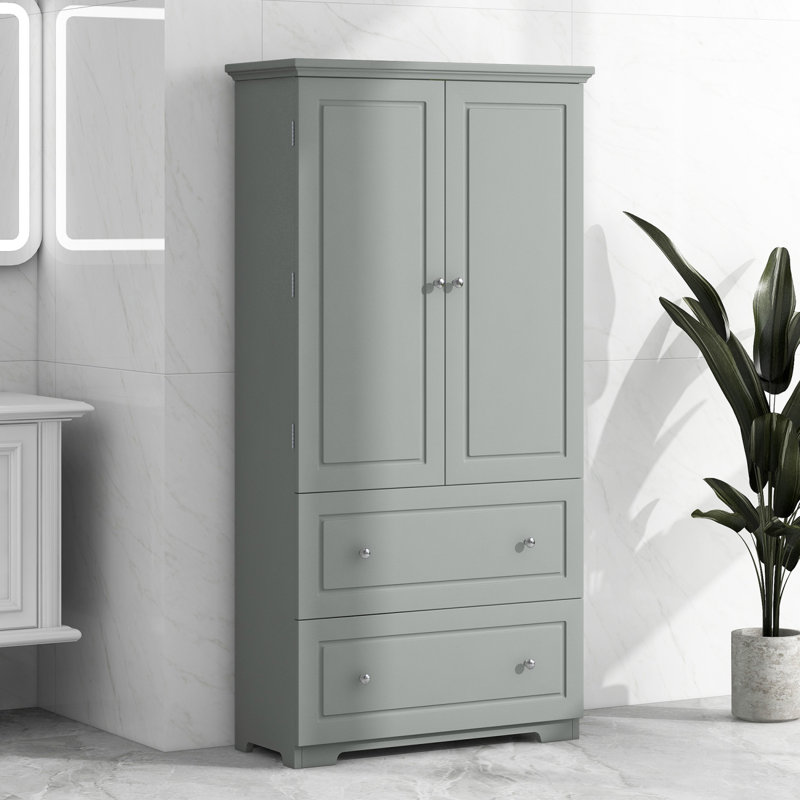 Armoire de rangement autoportante pour salle de bain avec tiroirs et tablette réglable, finition peinte en panneau de fibres à densité moyenne