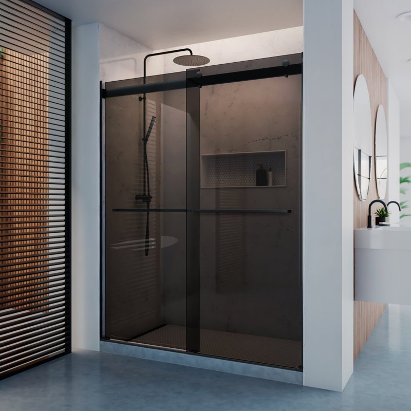 DreamLine Dexterity 56-60 in. W x 76 in. H Frameless Smoke Gray Glass Bypass Shower Door, Matte Black