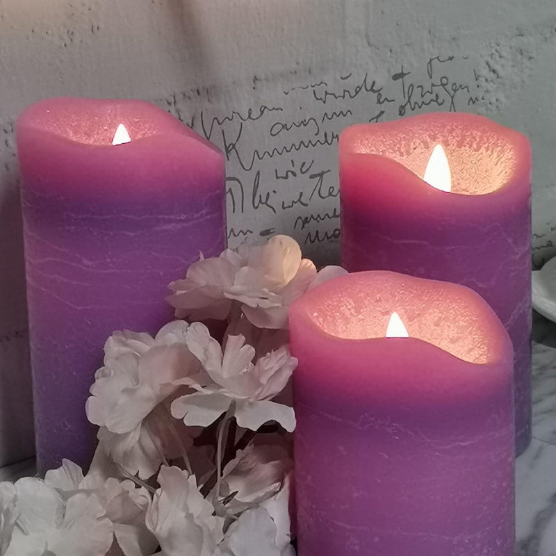 3 Pack Rustic Lavender Purple Flameless Pillar Candles:Real Wax, Battery Operated with 6H Timer,Realistic Flickering LED, 3