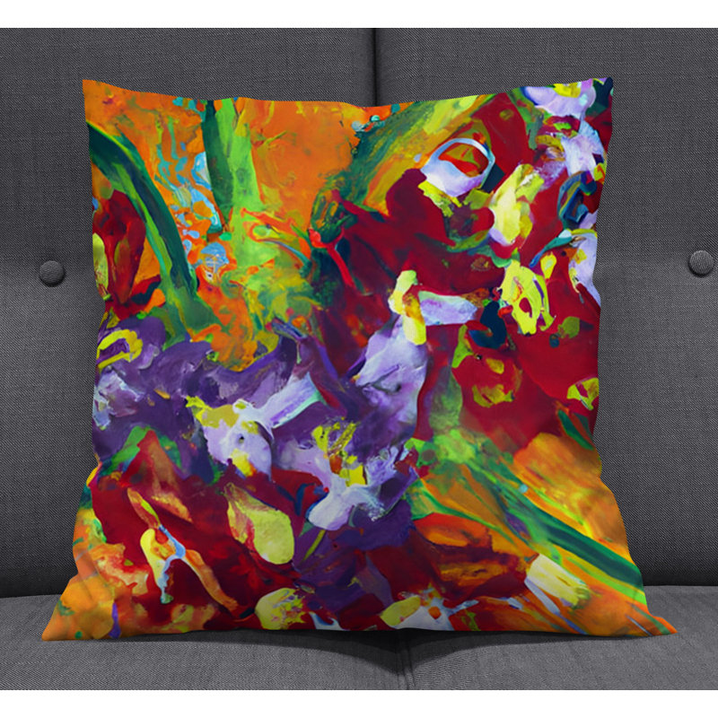 Throw Pillow With Insert, Green/Orange Floral/Abstract 3, 20"H x 20"W
