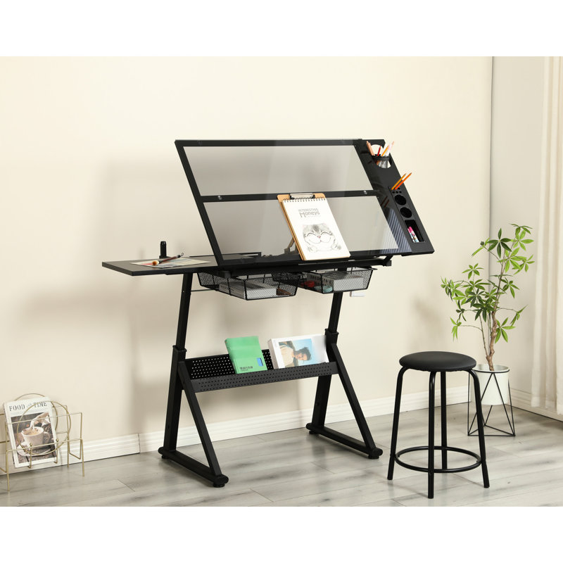 Table à dessin réglable en verre trempé avec chaise et rangement en noir - angle de 70 degrés, hauteur de 29,52 po et 37,8 po, tiroirs en métal réglables avec manivelle,