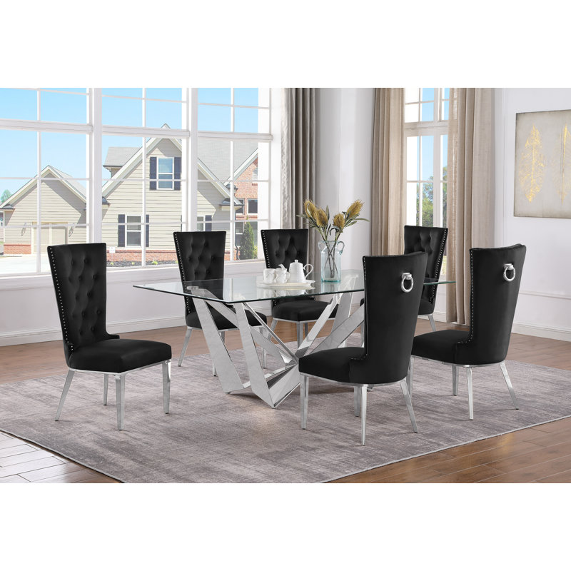 Lebanon Glass Top Trestle Dining Set, Black/Silver, 7