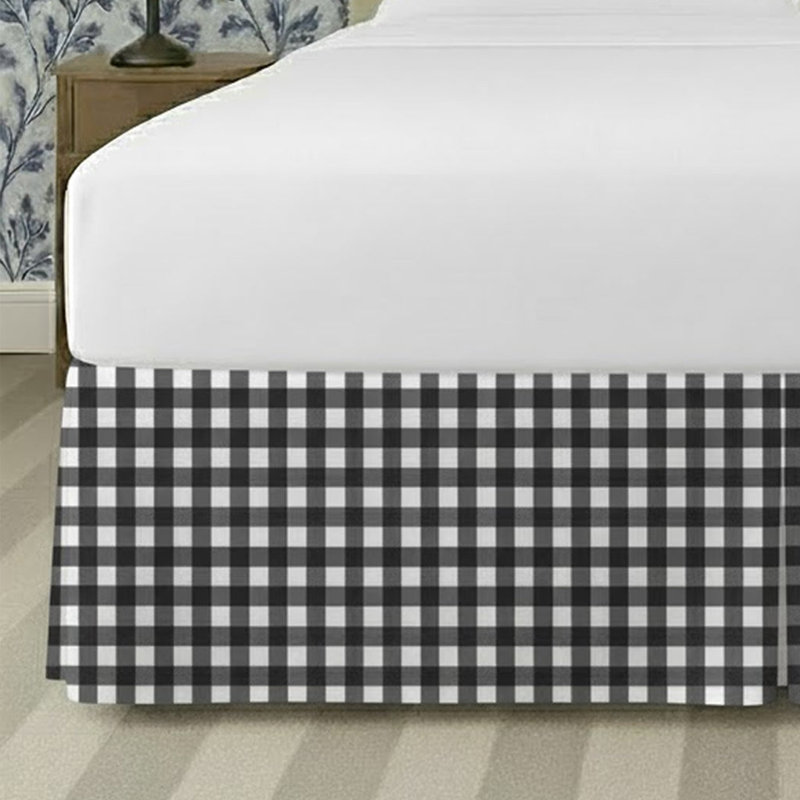 Gingham Pattern Tailored Bed Skirt 15" Drop Length, California King, Black
