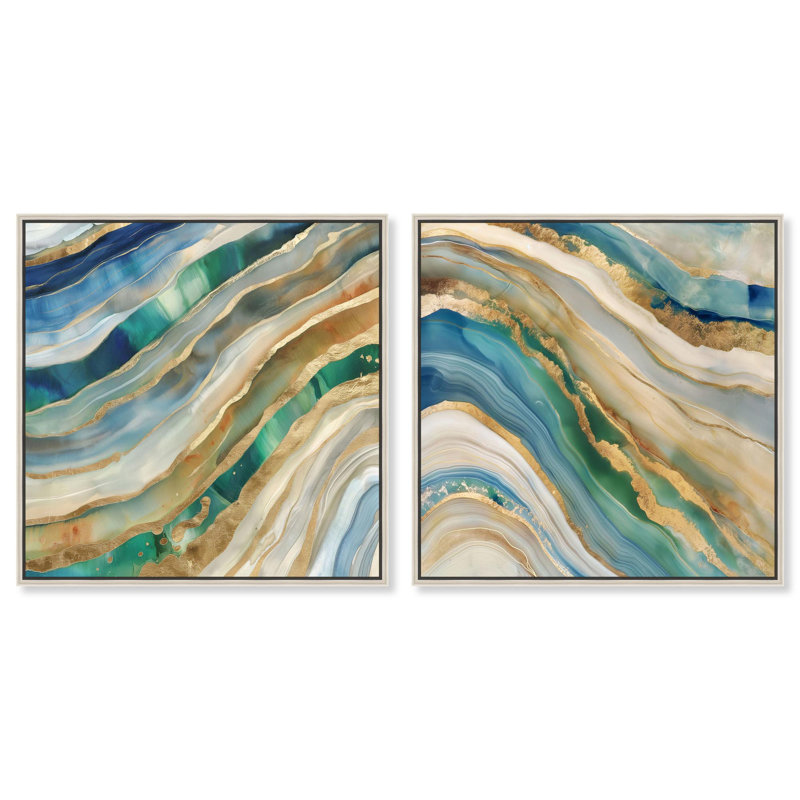 Cedar Swell, ensemble de 2 toiles bleues et abstraites par , H 20 po x l 20 po, Encadrement argenté
